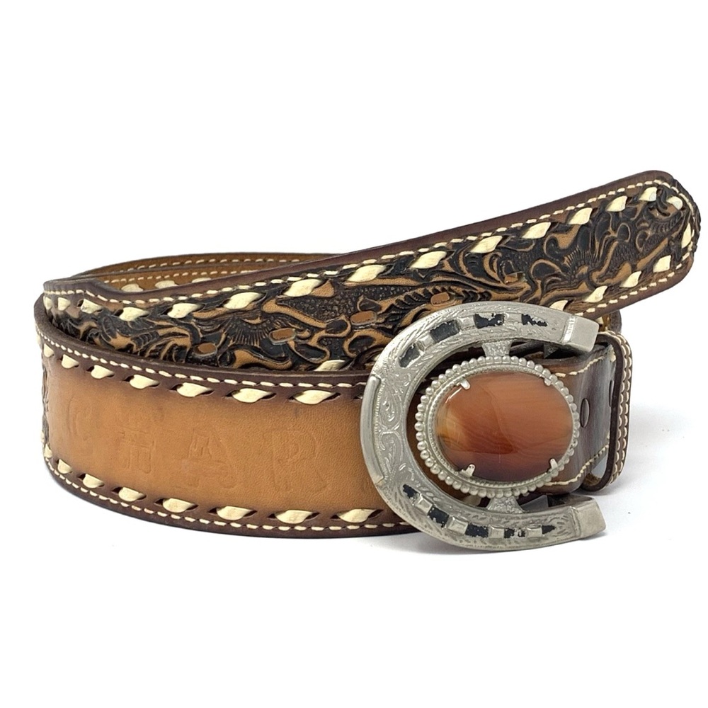 Vtg Nocona Belt Horseshoe Buckle Mens Sz 44 Leather Cowboy Western Charles Rodeo